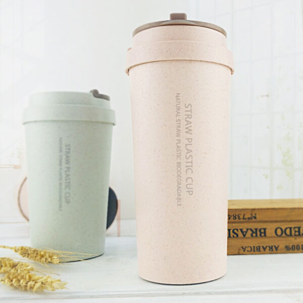 2235J 400ml eco friendly Biodegradable Wheat Straw Fiber Double Wall Layer Insulated Reusable Plastic Coffee Cup Mug With Lid
