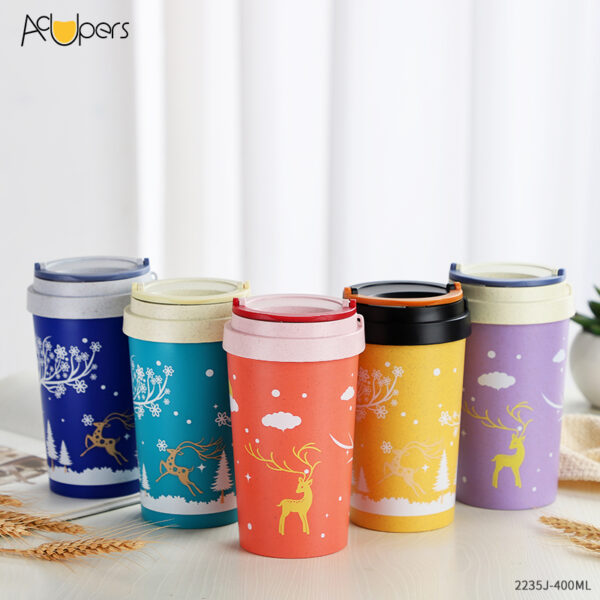 2235J-1 400ml Customised Double Wall Eco Friendly Reusable Recycle Biodegradable Cup With Lid Wheat Straw Mug Coffee Cup Mug